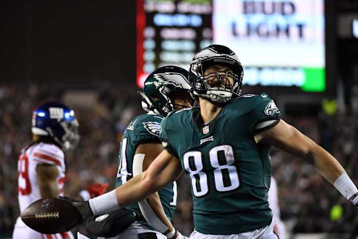 Philadelphia Eagles tight end Dallas Goedert (88) celebrates scoring a touchdown
